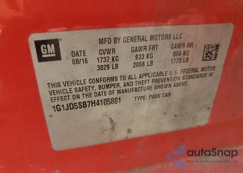 2017 Chevrolet Sonic Lt из США, поврежденный, VIN 1G1JD5SB7H4105801